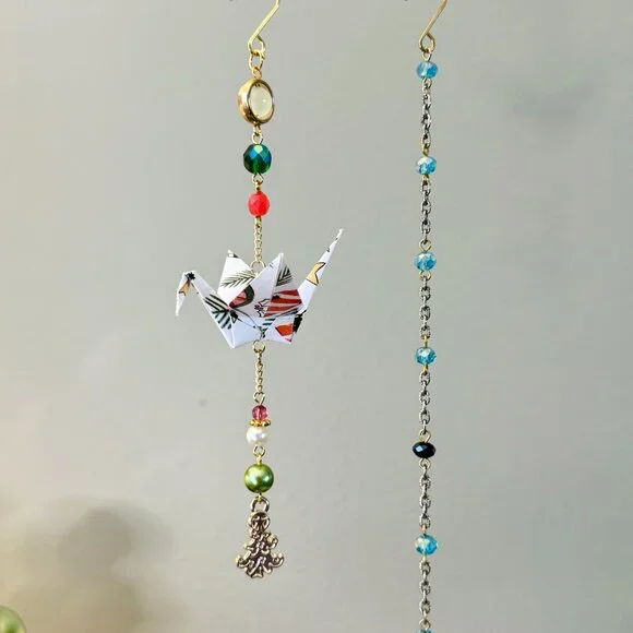 Origami Holiday Ornament #2324 - Small Crane with Christmas Tree Charm - Picture 6 of 7